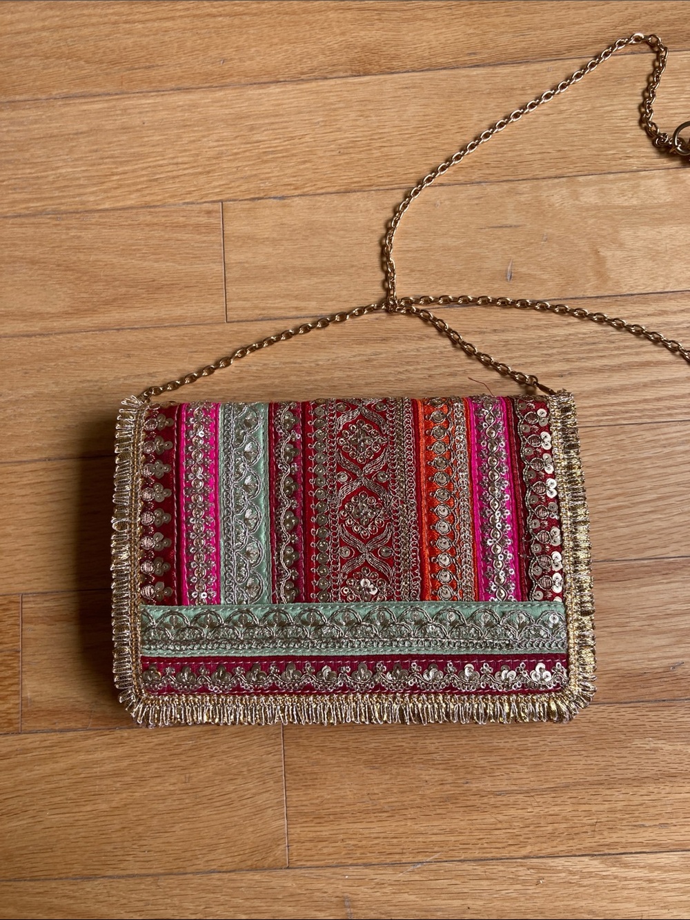 Embroidered Multi-Color Straw Clutch with Chain Strap